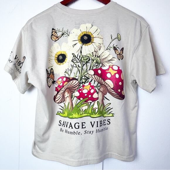 Weekend Warriors Tan Savage Vibes Mushroom Botanical Crop Tee Shirt Women Size L - Picture 6 of 13